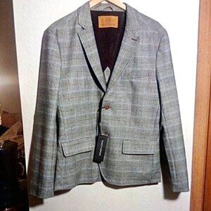 NWT Nifty Genius Kurt Notched Lapel Gray Plaid Stretch Blazer Mens Size: S